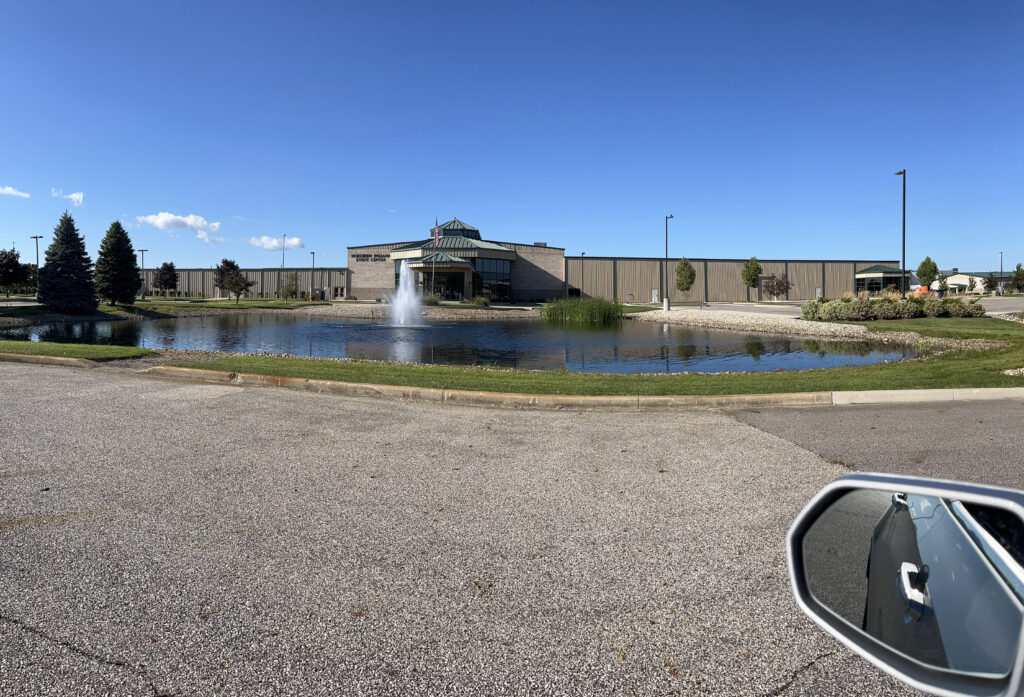 Northern Indiana Event Center exterior with pond and fountain