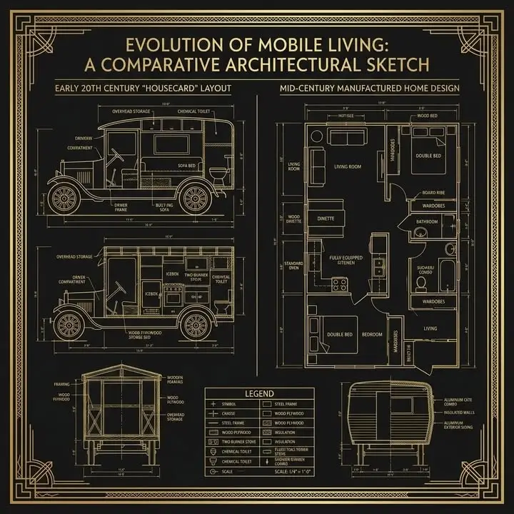 Original industry sketches and blueprints showing the technical evolution of manufactured home structures and floor plans.