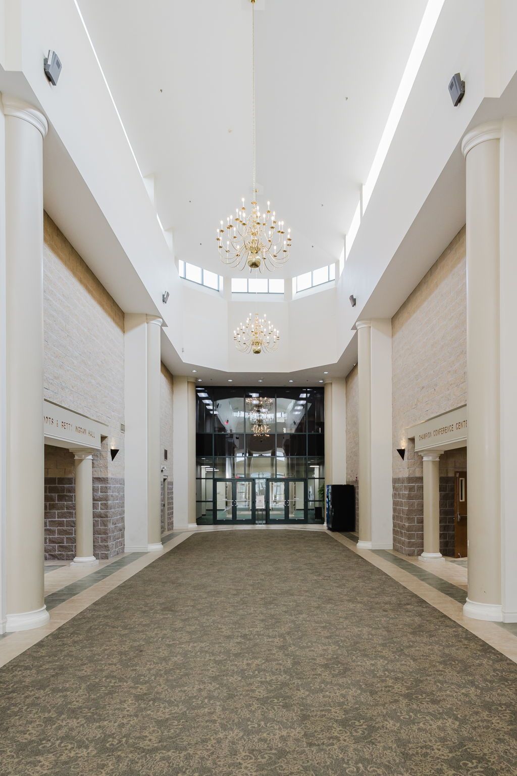 Grand entrance hall with chandeliers at the Northern Indiana Event Center.