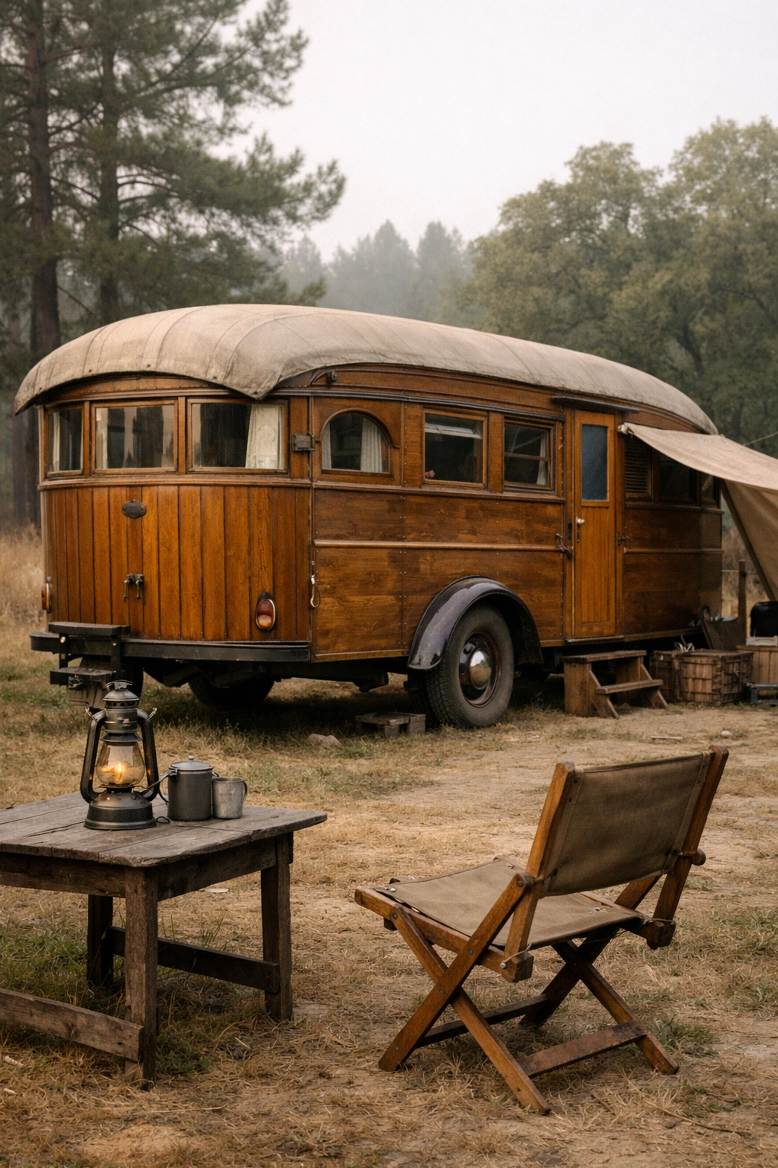 Antique 1920s wood-paneled trailer coach at a rustic campsite, showcasing early mobile home history.